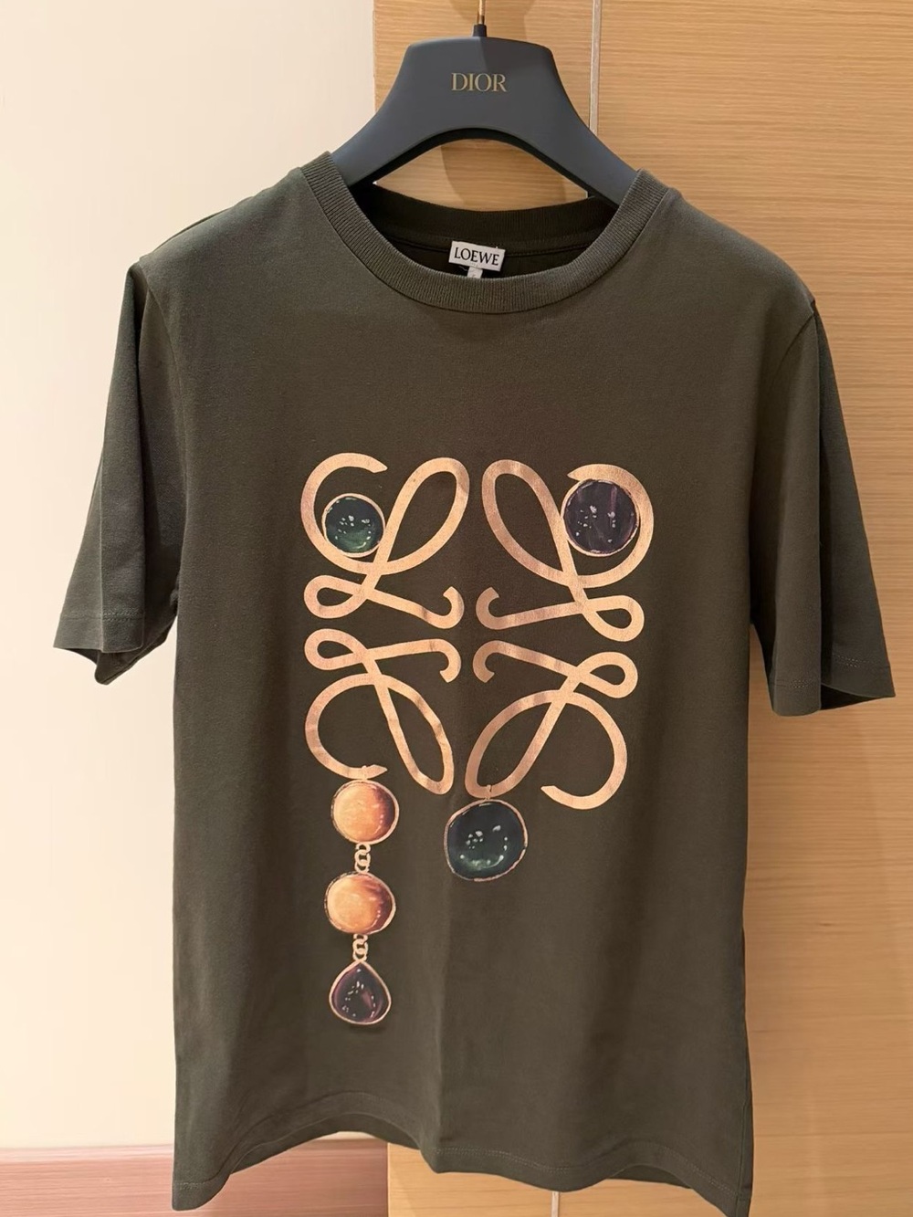 🚩steal Loewe Olive Green Short Sleeve Tee with Metallic Logo Graphic